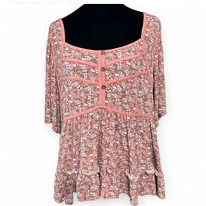 REWIND Pink Floral Blouse With Ruffles Shorth Sleeves Pull Up XL Good Condition